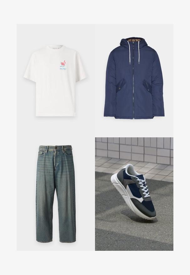 Casaco acolchoado azul-marinho com capuz, apresentando um fecho frontal com zíper, dois bolsos laterais com botões e cordões brancos.; T-shirt de algodão branco com decote redondo, mangas curtas, apresentando um design floral colorido e o texto "Saint Tropez" no peito.; Jeans de ganga azul claro com um corte solto, cintura média e pernas retas. Apresenta cinco bolsos, passadores de cinto e fecho com botão.; Sapatilha com parte superior em malha azul-marinho, detalhes em camurça cinza, sola de borracha branca e atacadores brancos planos, projetada para conforto e respirabilidade.