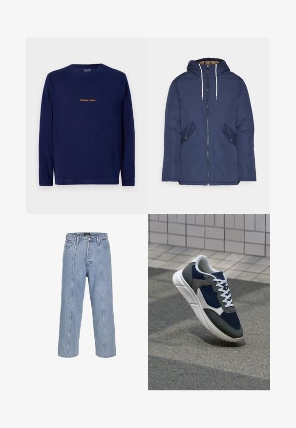 Marineblå polstret jakke med hette, med glidelås foran, to sidelommer med knapper og hvite snorer.; Marineblå langermet skjorte med "Originals Studio" brodert i gull på brystet, presentert mot en enkel hvit bakgrunn.; Lyse blå denimjeans med løs passform, vide ben og synlige sømdetaljer. Har en knapp- og glidelåsåpning samt fem lommer.; Sneakers med en navy blå mesh-overdel, grå sømværk, hvit gummisåle og flate hvite snører, designet for komfort og pusteevne.