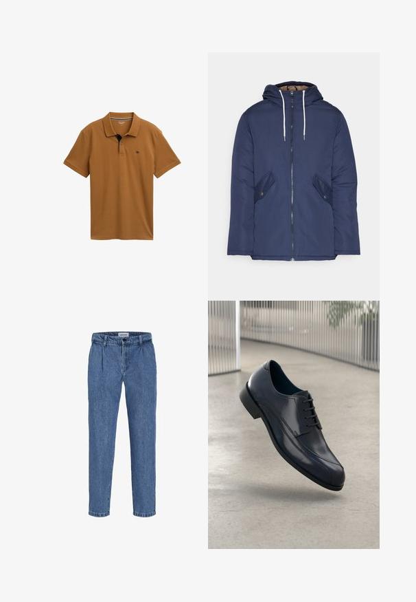 Námornícky modrá vystužená bunda s kapucňou, so zipsom vpredu, dvomi bočnými vreckami s gombíkmi a bielymi šnúrkami.; Hnedá polokošeľa vyrobená z hladkej bavlny s klasickým golierom, trojibusónovým zapínaním a kontrastným námorníckym detailom na golieri.; Svetlomodré džíny s uvoľneným strihom, s vysokým pásom, dvoma prednými záhybmi a obrubovaným lemom. Jednoduché zapínanie na gombík a zips.; Lesklá čierna kožená obuv na šnurovanie, ktorá sa vznáša nad hladkým, svetlošedým podlahou a vertikálnymi kovovými tyčami v pozadí.