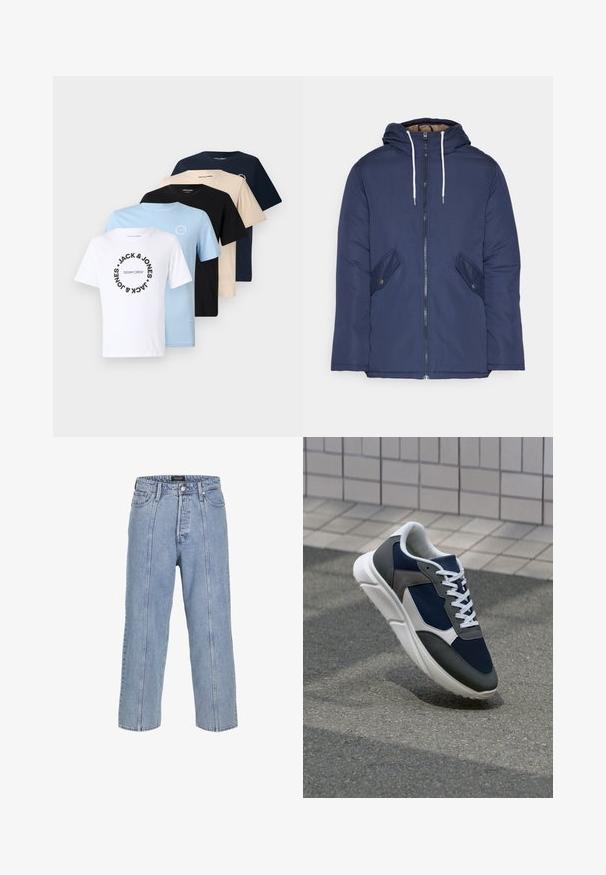 Jūras zila pufīgā jaka ar kapuci, kas aprīkota ar priekšējo rāvējslēdzēju, divām sānu kabatām ar pogām un baltiem aukliņām.; Piecu T-kreklu komplekts baltā, gaiši zilā, melnā, bēšā un tumši zilā krāsā. Ar apaļu kakla izgriezumu, grafiskais printēts uz baltajiem un gaiši zilajiem T-krekliem.; Gai zilos džinsus ar brīvu piegriezumu, platām kājām un redzamām šuvēm. Iespējams, pogu un rāvējslēdzēja aizdare, pieci kabatas.; Sporta apavi ar tumši zilas krāsas tīkla augšdaļu, pelēku zamšādas akcentiem, baltu gumijas zoli un plakaniem baltiem šņorēm, kas izstrādāti komfortam un elpojamībai.