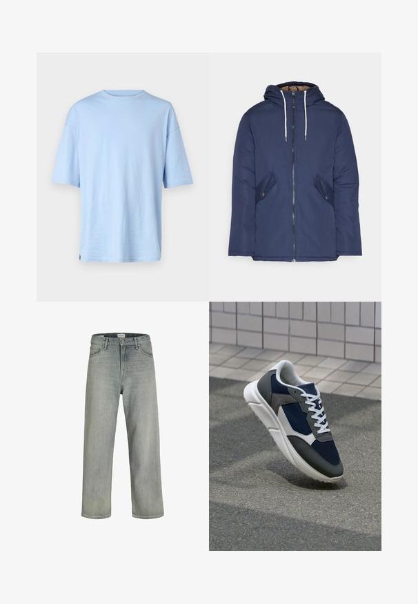 Navy blue padded jacket with a hood, featuring a front zipper, two side pockets with buttons, and white drawstrings.; Light blue short-sleeve t-shirt made from soft cotton. Features a crew neckline and relaxed fit. No visible patterns or accents.; Light gray, loose-fitting jeans made of denim. Features a classic five-pocket design, belt loops, and a straight leg silhouette.; Sneaker featuring a navy blue mesh upper, gray suede accents, white rubber sole, and flat white laces, designed for comfort and breathability.