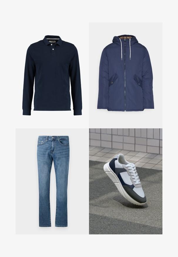 Navy blue padded jacket with a hood, featuring a front zipper, two side pockets with buttons, and white drawstrings.; Navy long-sleeve polo shirt made of cotton, featuring a classic collar, two-button placket, and a smooth texture.; Men’s straight-leg blue denim jeans with front button and zip closure, five-pocket style, shown flat on white background.; White, navy, and gray sneaker with a mixed material design, featuring a textured upper, flat laces, and a cushioned sole.