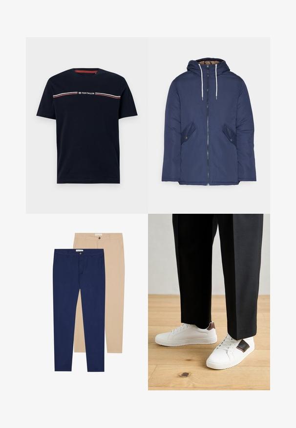 Námorně modrá prošívaná bunda s kapucí, která má přední zip, dvě boční kapsy s knoflíky a bílé šňůrky.; Námořnická modrá bavlněná tričko s krátkým rukávem, kulatým výstřihem, s bílým a červeným vodorovným pruhovaným detailem a logem "TOM TAILOR".; Dvě kalhoty: jedny námořnické modré, jedny béžové. Oba mají rovný střih, zapínání na knoflík a hladký textil.; Bílé tenisky s hladkým povrchem, s hnědými koženými akcenty a černými detaily, kombinované s černými kalhotami na míru. Pozadí tvoří dřevěná podlaha.