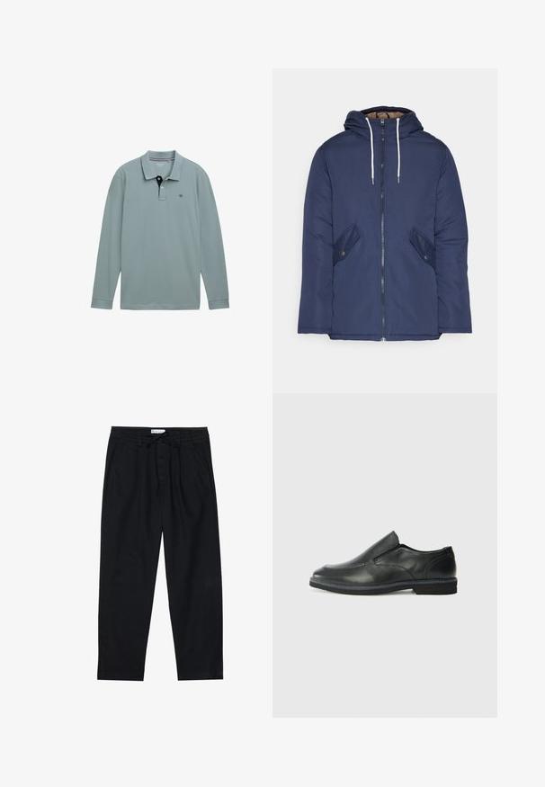 Navy plava podstava jakna s kapuljačom, koja ima prednji patentni zatvarač, dva bočna džepa s gumbima i bijele špage.; Polo majica dugih rukava svijetloplave boje s kontrastnim mornarsko plavim ovratnikom. Pamuk, s malim logotipom na lijevoj strani prsa. Klasičan kroj.; Pier One Chino hlače - black; Crne kožne cipele na sklapanje s glatkom gornjom površinom, prošivenim detaljima, zaobljenim vrhom i niskim gumene potplate. Potplat ima minimalne uzorke.