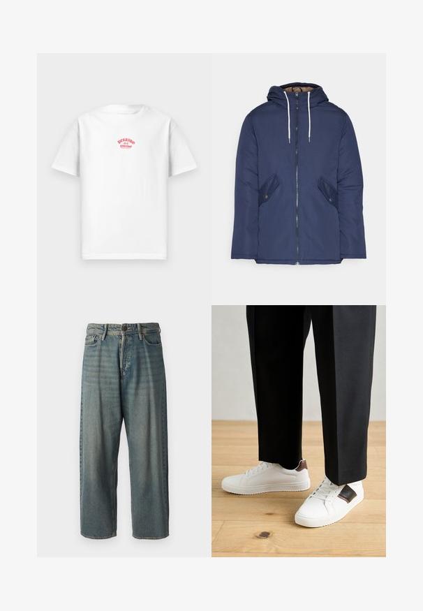 Jūras zila pufīgā jaka ar kapuci, kas aprīkota ar priekšējo rāvējslēdzēju, divām sānu kabatām ar pogām un baltiem aukliņām.; Balta kokvilnas T-krekls ar sarkanu apdrukātu dizainu, kurā ir rakstīts "Perdido en el paraíso" uz krūtīm, īsām piedurknēm, brīvā piegriezumā.; Gaiši zili džinsi ar brīvu piegriezumu, vidējo jostas augstumu un taisnām kājām. Satur piecas kabatas, jostas cilpas un pogu aizdari.; Baltā pārsoļa apavi ar gludu tekstūru, papildināti ar brūniem ādas akcentiem un melniem elementiem, savienoti ar melnām pielāgotām biksēm. Koka grīdas fons.