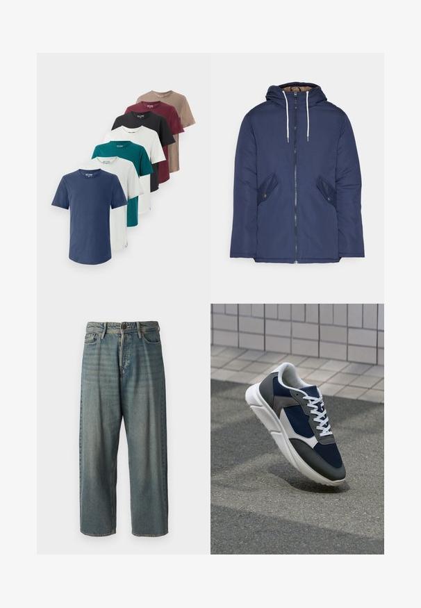 Jūrinė mėlyna pūkinė striukė su kapišonu, turinti priekinį užtrauktuką, dvi šonines kišenes su sagomis ir baltus raiščius.; Septyni medvilniniai marškiniai trumpomis rankovėmis įvairiomis spalvomis: tamsiai mėlyna, alyvuogių, balta, juoda, burgundinė, pilka ir ruda. Kiekvienas turi apvalų kaklą.; Šviesiai mėlyni džinsai su laisvu siluetu, vidutinio aukščio juosmeniu ir tiesiomis kojomis. Su penkiais kišenėmis, diržo kilpo ir mygtukų uždarymu.; Sportiniai bateliai su tamsiai mėlynu tinkliniu viršumi, pilkais zomšiniais akcentais, balta guma padanga ir plokščiomis baltomis raištelėmis, sukurti komfortui ir oro pralaidumui.