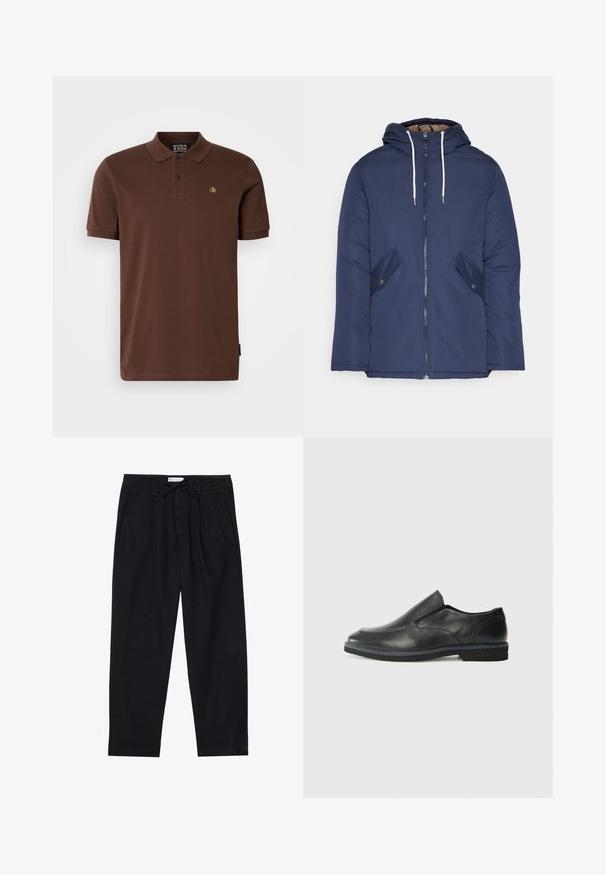 Mørkeblå polstret jakke med hætte, fremhævet af en frontlynlås, to sidelommer med knapper og hvide snore.; Brun polo-shirt i bomuldsstof med korte ærmer, tre-knaps lukning og et lille gult logo på brystet. Simpelt design.; Pier One Chino - black; Sorte læder slip-on sko med en glat overdel, syede detaljer, rund tå og en lav gummihæl. Sålen har minimal profil.