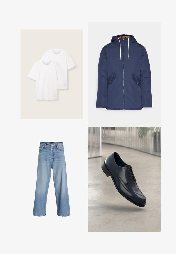 Tumesinine vahtkatseline jakk, millel on kapuuts, esilukk, kaks küljetaskut nupuga ja valged tõmblukud.; Kaks valget puuvillast lühikeste varrukatega T-särki ümmarguste kaelustega, millel on peen logo detail alumise ääre lähedal.; Heledad heled sinine denimist laiad püksid, millel on kõrge vöökoht, klassikaline viie taskuga disain ning nööbiga sulgemine ja tõmbluku avamine.; Läike must nahkne king, millel on paelad, hõljuv siledate heledate halli põranda kohal ning taustal vertikaalsed metallist vardad.