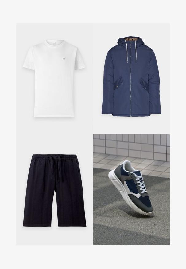 Mørkeblå polstret jakke med hætte, fremhævet af en frontlynlås, to sidelommer med knapper og hvide snore.; Hvid bomulds t-shirt med en klassisk rund hals, korte ærmer og et lille, gråt GAP-logo på venstre bryst. Enkel, udekoreret design.; Sorte, knælange shorts lavet af letvægtsstof. Har et elastisk taljebånd med snøre og en glat tekstur. Enkel design.; Sneakers med en overdel i marineblå mesh, grå suedeteksturer, hvid gummisål og flade hvide snørebånd, designet til komfort og åndbarhed.