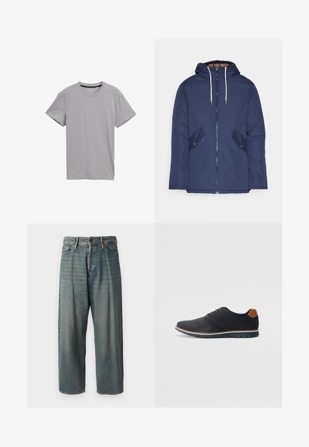 Námornícky modrá vystužená bunda s kapucňou, so zipsom vpredu, dvomi bočnými vreckami s gombíkmi a bielymi šnúrkami.; Sivý krátky rukáv tričko vyrobené z mäkkého materiálu, s klasickým okrúhlym výstrihom a rovný lem bez vzorov alebo ozdôb.; Svetlomodré denimové nohavice so voľným strihom, stredne vysokým pásom a rovnými nohavicami. Obsahujú päť vreciek, pútka na opasok a zapínanie na gombík.; Čierne syntetické topánky so štruktúrovaným zvrškom, hladkými akcentmi, hnedým opätkom a kontrastnou podrážkou. Majú minimálne šnurovanie a detaily prešitia.