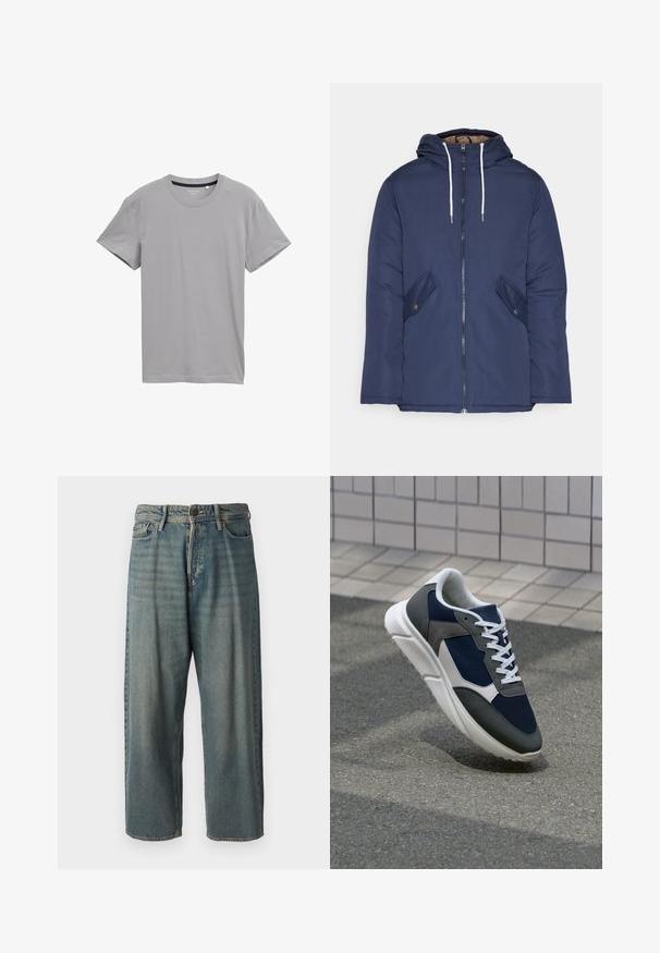 Granatowa pikowana kurtka z kapturem, z zamkiem z przodu, dwoma bocznymi kieszeniami z guzikami oraz białymi sznurkami.; Szary t-shirt z krótkim rękawem, wykonany z miękkiego materiału, z klasycznym okrągłym dekoltem i prostym dołem, bez wzorów czy ozdób.; Jasnoniebieskie dżinsy o luźnym kroju, średnim stanie i prostych nogawkach. Posiadają pięć kieszeni, szlufki na pasek oraz zapięcie na guzik.; Sneakers z granatową siateczkową cholewką, szarymi zamszowymi akcentami, białą gumową podeszwą i płaskimi białymi sznurówkami, zaprojektowane z myślą o komforcie i wentylacji.