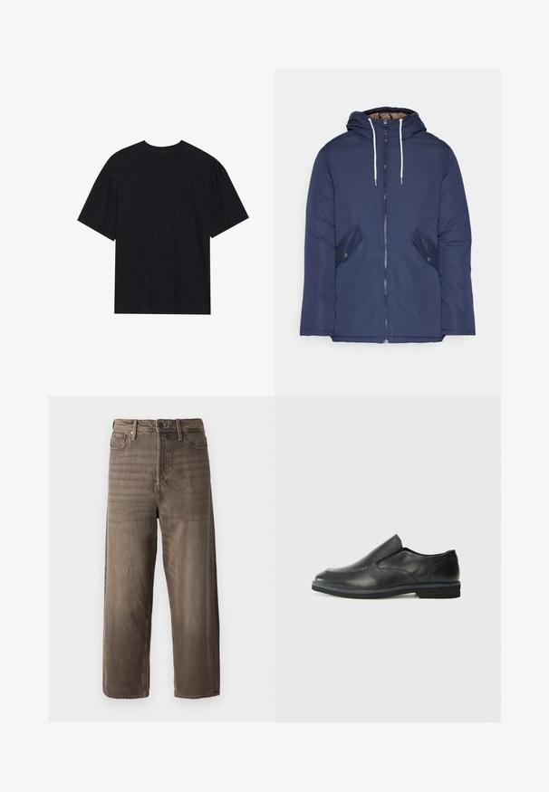 Mørkeblå polstret jakke med hætte, fremhævet af en frontlynlås, to sidelommer med knapper og hvide snore.; Sort kortærmet t-shirt med en subtil stribet tekstur, afslappet pasform og rund halsudskæring. Blødt materiale uden synlige logoer.; Brune vide ben jeans lavet af denim. Har en lynlås, bæltesløjfer og fem lommer. Stoffet har et falmet, tekstureret udseende.; Sorte læder slip-on sko med en glat overdel, syede detaljer, rund tå og en lav gummihæl. Sålen har minimal profil.