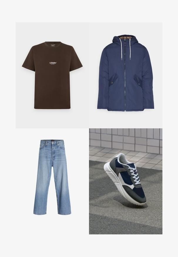 Marineblå polstret jakke med hette, med glidelås foran, to sidelommer med knapper og hvite snorer.; Brun bomull t-skjorte med korte ermer, rund hals og en liten hvit logo på brystet. Glatt tekstur og vanlig passform.; Lys blå denim vide bukser med høj talje, der har en knaplukning, fem-lomme design og subtilt slidte områder. Rette kanter.; Sneakers med en navy blå mesh-overdel, grå sømværk, hvit gummisåle og flate hvite snører, designet for komfort og pusteevne.