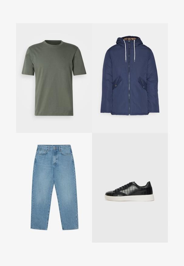 Jachetă căptușită bleu marin cu glugă, având un fermoar frontal, două buzunare laterale cu nasturi și șnururi albe.; Tricou scurt cu maneca scurta, de culoare verde măsliniu, dintr-un material moale, cu guler rotund și un logo brodat discret pe partea stângă a pieptului.; Jeans din denim albastru deschis cu croială largă și talie înaltă, având cinci buzunare, bucle pentru curea și o textură moale, ușor decolorată.; Tenisi negri cu un exterior din piele texturată imitată crocodil, vârf rotund și o talpă din cauciuc alb contrastant, cu un finisaj neted.