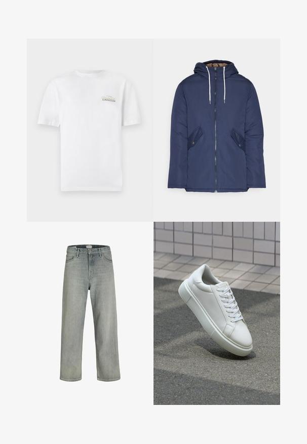 Marineblå polstret jakke med hette, med glidelås foran, to sidelommer med knapper og hvite snorer.; Hvit bomulls T-skjorte med korte ermer, rund hals og en liten trykt logo i svart og gull som sier "Cancun."; Lys grå, løstsittende jeans laget av denim. Har en klassisk fem-lomme-design, beltehemper og en rett ben-silhuett.; Hvit lær sneaker med glatt overflate, rund tå og flate hvite snøringer. Har en teksturert gummisåle og minimale design elementer.