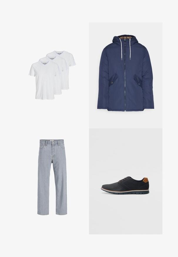 Chaqueta acolchada de color azul marino con capucha, cuenta con un cierre frontal de cremallera, dos bolsillos laterales con botones y cordones blancos.; Tres camisetas de algodón de manga corta y escote en V de color blanco, con un diseño simple que presenta un cuello en contraste y un sutil logotipo de la marca en el interior.; Jeans de mezclilla azul claro con un ajuste holgado, diseño de pierna recta, costuras visibles, dos bolsillos frontales y cierre de botón.; Zapatos sintéticos negros con un upper texturizado, acentos lisos, tacón marrón y una suela en contraste. Presenta un cordón mínimo y detalles de costura.