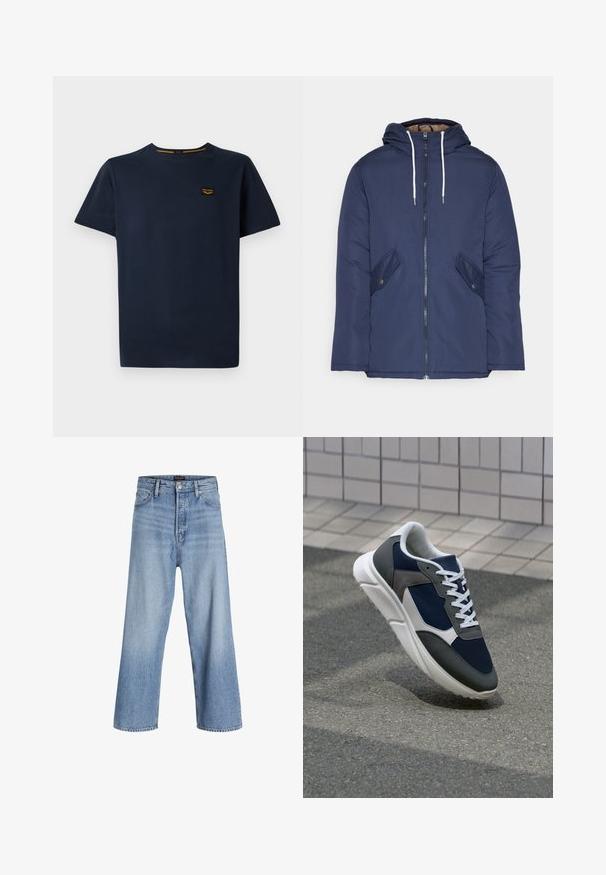 Giacca imbottita blu navy con cappuccio, dotata di zip frontale, due tasche laterali con bottoni e lacci bianchi.; T-shirt di cotone blu navy con maniche corte, colletto rotondo e un piccolo patch con il marchio sulla parte superiore sinistra.; Jeans a palazzo in denim blu chiaro con vita alta, dotati di chiusura a bottoni, design a cinque tasche e un leggero effetto sbiadito. Orli puliti.; Sneaker con tomaia in rete blu navy, inserti in suede grigio, suola in gomma bianca e lacci bianchi piatti, progettata per comfort e traspirabilità.