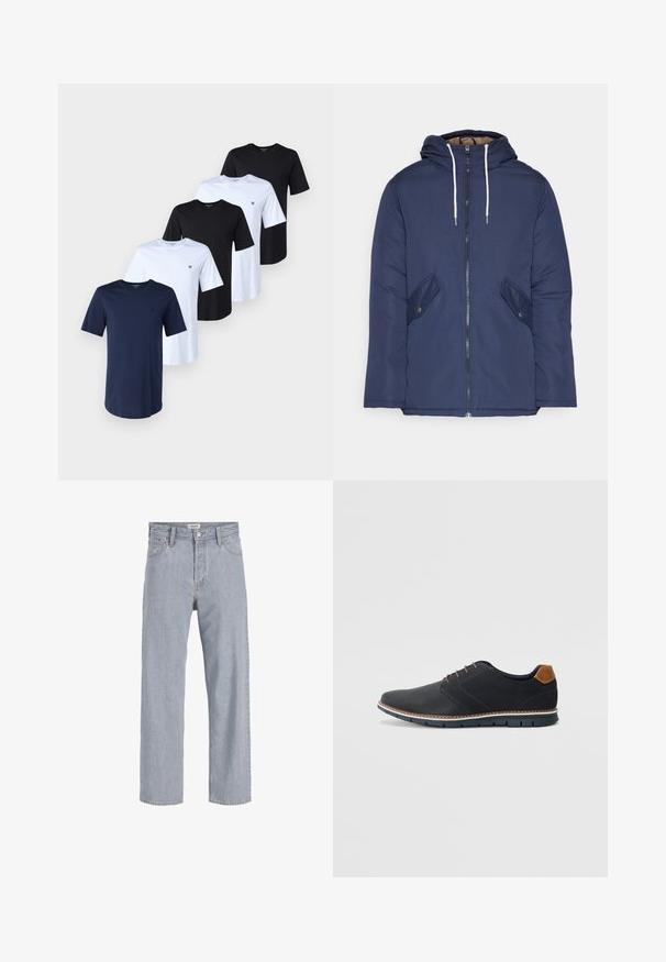 Námornícky modrá vystužená bunda s kapucňou, so zipsom vpredu, dvomi bočnými vreckami s gombíkmi a bielymi šnúrkami.; Päť tričiek v námořníckej modrej, čiernej a bielej farbe, vyrobených z bavlny. Každé má okrúhly výstrih a krátke rukávy. Na ľavej strane hrude sa nachádza malé logo.; Svetlomodré džínsy s uvoľneným strihom, rovný strih nohavíc, viditeľné stehy, dve predné vrecká a zapínanie na gombík.; Čierne syntetické topánky so štruktúrovaným zvrškom, hladkými akcentmi, hnedým opätkom a kontrastnou podrážkou. Majú minimálne šnurovanie a detaily prešitia.