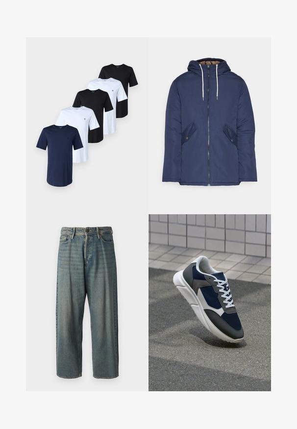 Tumesinine vahtkatseline jakk, millel on kapuuts, esilukk, kaks küljetaskut nupuga ja valged tõmblukud.; Viis t-särki tumesinisest, mustast ja valgest puuvillast. Igal särgil on ümar kaelus ja lühikesed varrukad. Iga särgi vasakul rinnal on väike logo.; Heledad sinine denim-stiilis teksad, volüümse lõike, keskmise kõrgusega talje ja sirgete säärega. Omab viit taskut, vöökumme ja nööpide sulgemist.; Sneaker, mille sinine võrkkangas, hallid nubukdetailid, valge kummitald ja lamedad valged paelad, disainitud mugavuseks ja hingavuseks.