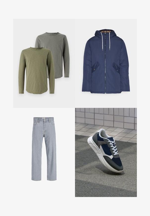 Marineblau gepadded Jacke mit Kapuze, ausgestattet mit einem Reißverschluss vorne, zwei seitlichen Taschen mit Knöpfen und weißen Kordeln.; Langärmlige T-Shirts in Olivgrün und Grau. Weicher Stoff mit rundem Halsausschnitt und geschwungener Saumlinie. Einfaches Design, ohne Muster oder Verzierungen.; Helle blaue Jeans aus Denim mit lockerer Passform, geradem Bein, sichtbaren Nähten, zwei vorderen Taschen und einem Knopfverschluss.; Sneaker mit einem Obermaterial aus navyblauem Mesh, grauen Wildlederelementen, einer weißen Gummisohle und flachen weißen Schnürsenkeln, entworfen für Komfort und Atmungsaktivität.