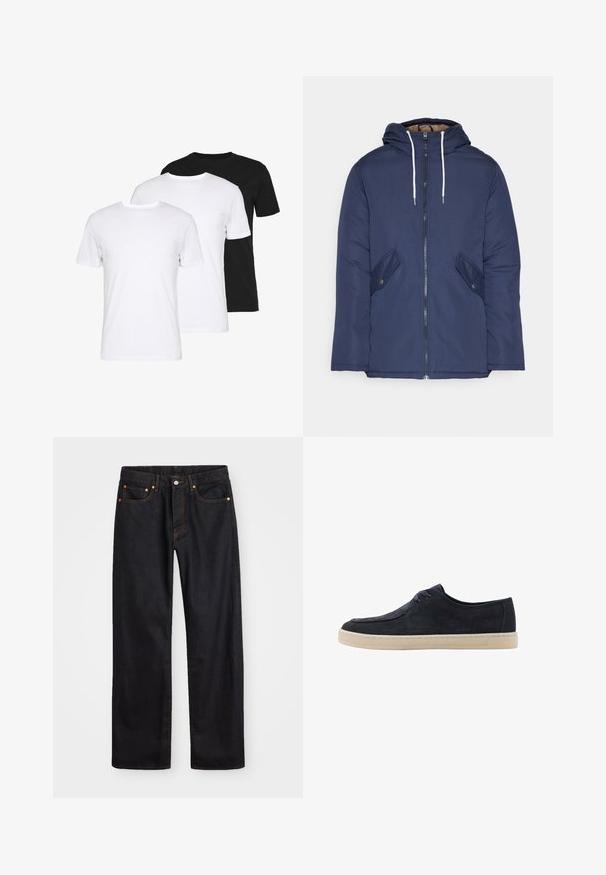 Mørkeblå polstret jakke med hætte, fremhævet af en frontlynlås, to sidelommer med knapper og hvide snore.; Pakke med tre t-shirts: én sort og to hvide. Hver har rund halsudskæring, korte ærmer og er lavet af glat bomuldsstof.; Mænds lige ben sorte denim jeans med fem lommer og orange syninger, knap- og lynlåslukning foran på taljen.; Marineblå ruskindsko med rund tå, to hul til snørebånd og en cremefarvet gummisål. Glat tekstur og minimalistisk design.