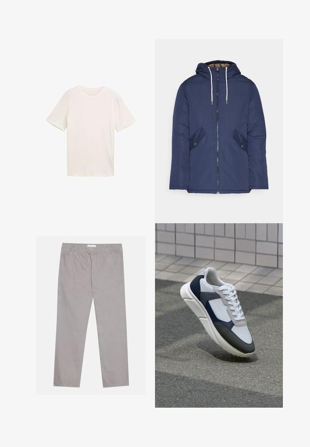 Marineblauwe gewatteerde jas met een capuchon, voorzien van een rits aan de voorkant, twee zijzakken met knopen en witte trekkoorden.; Korte mouw, ronde hals T-shirt in off-white katoen. Heeft een ontspannen pasvorm met een soepele textuur en geen opvallende patronen of accenten.; Lichtgrijze katoenen broek met een elastische tailleband, twee zijzakken, een recht poten ontwerp en een zachte textuur. Eenvoudige stiksel.details.; Witte, marineblauwe en grijze sneaker met een gemengde materiaald ontwerp, met een gestructureerde bovenkant, platte veters en een gevoerde zool.