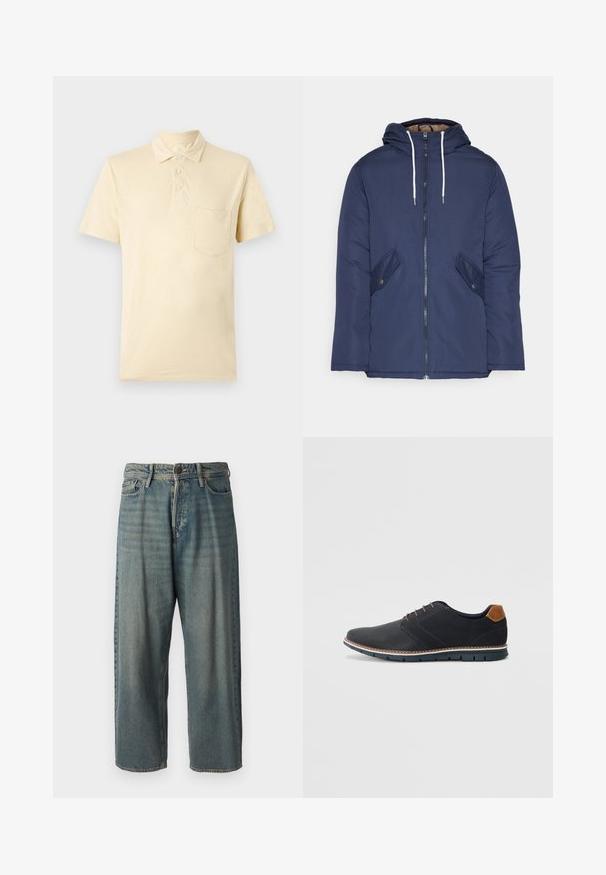 Marineblå polstret jakke med hette, med glidelås foran, to sidelommer med knapper og hvite snorer.; Lys gul kortermet polo skjorte med krage, fire knappestolper og lomme på venstre bryst. Strukturelt stoff med en subtil glans.; Lyseblå denimjeans med løs passform, midjehøyde og rette ben. Har fem lommer, beltehemper og knappelukking.; Sorte syntetiske sko med en teksturert overdel, glatte detaljer, brun hæl og en kontrastfarge på sålen. Har minimalt snøring og sømdetaljer.