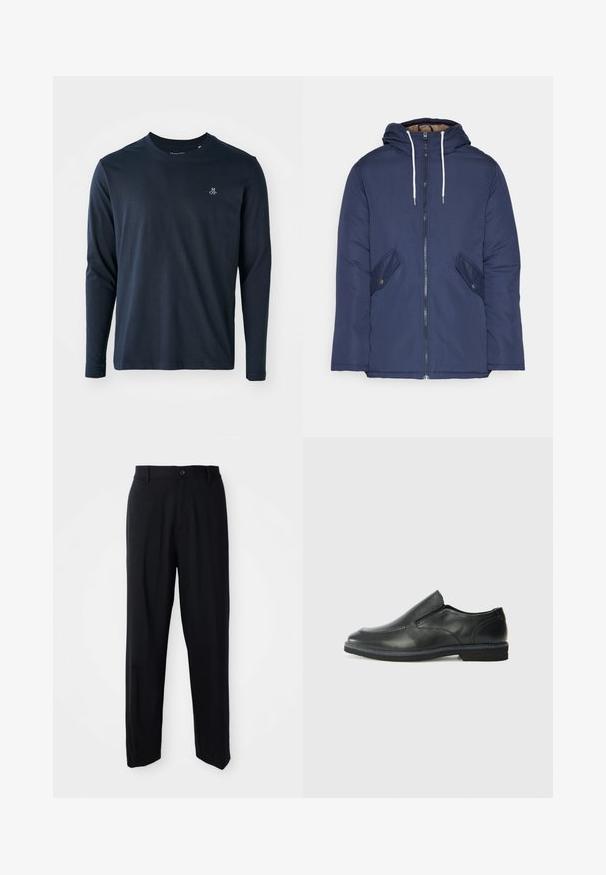 Navy blue padded jacket with a hood, featuring a front zipper, two side pockets with buttons, and white drawstrings.; Long-sleeve navy blue t-shirt made of soft cotton, featuring a crew neckline and a small white logo on the left chest.; Black straight-leg trousers with belt loops, button closure, and a sleek, minimal design on a neutral background.; Black leather slip-on shoe with a smooth upper, stitched accents, rounded toe, and a low rubber heel. Sole features minimal tread.