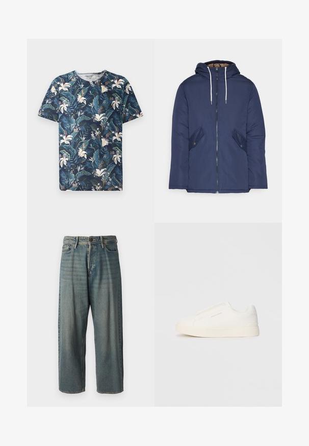 Marineblau gepadded Jacke mit Kapuze, ausgestattet mit einem Reißverschluss vorne, zwei seitlichen Taschen mit Knöpfen und weißen Kordeln.; Kurzärmliges navy-blaues T-Shirt mit einem tropischen Blumen- und Blättermuster in Grün- und Weißtönen, aus weichem Stoff mit Rundhalsausschnitt.; Helle blaue Denim-Jeans mit lockerer Passform, mittelhoher Taille und geraden Beinen. Hat fünf Taschen, Gürtelschlaufen und einen Knopfverschluss.; Weiße Slip-On-Sneaker mit einer strukturierten Oberfläche, dicker Sohle und minimalistischem Design. Mit Logo der Marke an der Seite.
