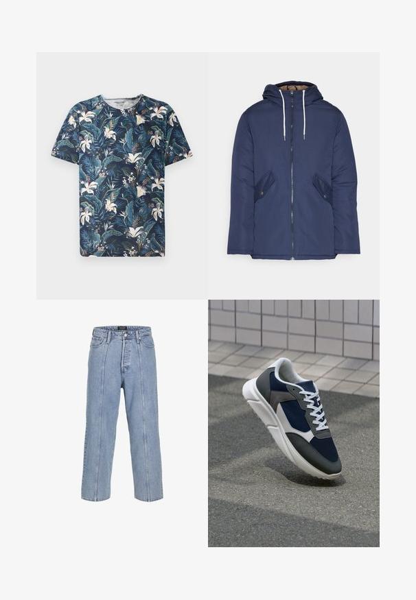 Marineblauwe gewatteerde jas met een capuchon, voorzien van een rits aan de voorkant, twee zijzakken met knopen en witte trekkoorden.; Navy T-shirt met korte mouwen, bedrukt met een tropisch bloemen- en bladenpatroon in groentinten en wit, gemaakt van zachte stof met een ronde hals.; Lichtblauwe denim jeans met een losse pasvorm, wijde benen en zichtbare stiksels. Voorzien van een knoop- en ritsluiting, vijf zakken.; Sneaker met een marineblauwe mesh bovenwerk, grijze suède accenten, witte rubberen zool en platte witte veters, ontworpen voor comfort en ademend vermogen.