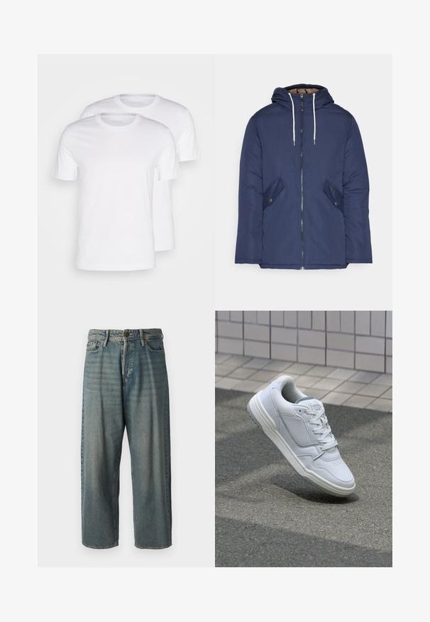 Jūrinė mėlyna pūkinė striukė su kapišonu, turinti priekinį užtrauktuką, dvi šonines kišenes su sagomis ir baltus raiščius.; Esprit 2 PACK - Paprasti marškinėliai - white; Šviesiai mėlyni džinsai su laisvu siluetu, vidutinio aukščio juosmeniu ir tiesiomis kojomis. Su penkiais kišenėmis, diržo kilpo ir mygtukų uždarymu.; Baltos odinės sportinės bateliai su perforuotais šonais, tekstūruotais akcentais, plokščiomis raištelėmis ir kontrastingu pilku kulnu. Yra šiek tiek pakelti padas.