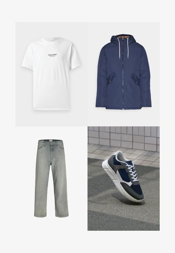 Granatowa pikowana kurtka z kapturem, z zamkiem z przodu, dwoma bocznymi kieszeniami z guzikami oraz białymi sznurkami.; Biała bawełniana koszulka z krótkim rękawem, z napisem „Palmiera Pantó” i „VENICE BEACH” w czarnym rulonowym piśmie z przodu.; Jasnoszare, luźne dżinsy wykonane z denimu. Posiadają klasyczny pięcio-kieszeniowy krój, szlufki na pasek oraz prostą nogawkę.; Sneakers z granatową siateczkową cholewką, szarymi zamszowymi akcentami, białą gumową podeszwą i płaskimi białymi sznurówkami, zaprojektowane z myślą o komforcie i wentylacji.