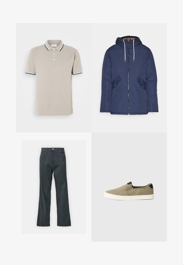 Mornarsko modra podložena jakna s kapuco, ki ima sprednji zadrgo, dva stranska žepa s gumbi in bele vrvice.; Bežna polo majica iz mešanice bombaža, s placketom na dva gumba, kontrastnim mornarsko modrim in belim ovratnikom ter robovi rokavov, z diskretno vezeno logotipom.; Črne hlače s ravnim krojem, izdelane iz mešanice bombaža. Imajo kovinsko zaponko in stranske žepe. Brez vidnih vzorcev.; Taupe natikače z zgornjim delom iz teksturiranega materiala, kontrastnim črnim petnim delom in belim gumijastim podplatom. Luknjana zasnova za zračnost.