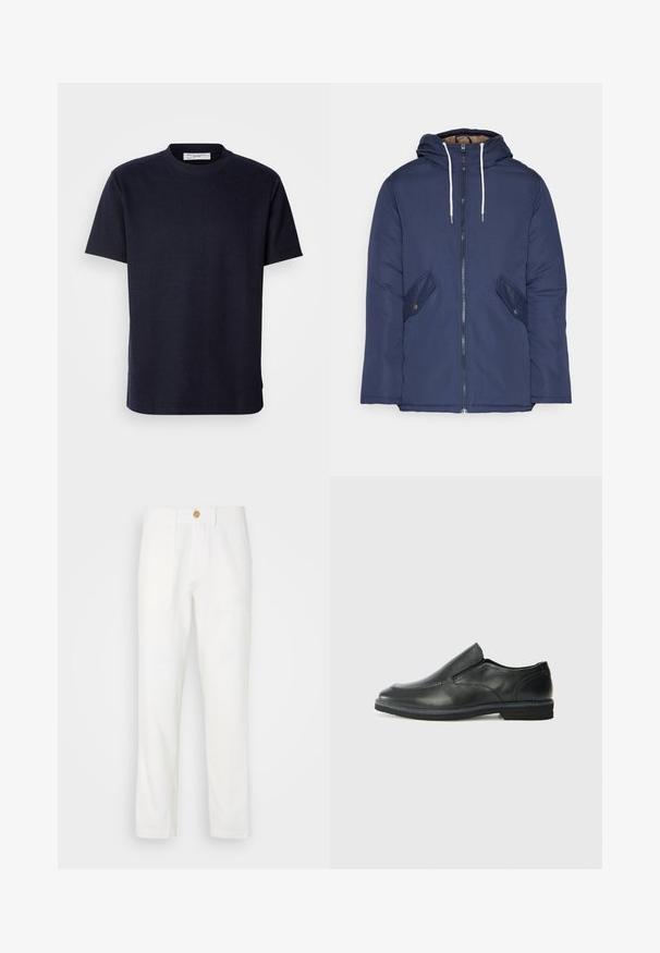 Sötétkék bélelt dzseki kapucnival, elülső cipzárral, két oldalsó zsebbel gombokkal és fehér húzózsinórokkal.; Rövid ujjú, környakú póló sötét tengerészkék színben, texturált anyagból készült, egyenes szabással és oldalsó hasítékokkal a könnyebb mozgás érdekében.; Fehér szövetnadrág egyenes szabással, két elülső zsebbel és gombos záródással. Sima textúra és letisztult design.; Fekete bőr, slip-on cipő sima felsőrésszel, varrott díszítéssel, lekerekített orral és alacsony gumitalppal. A talpa minimális bordázattal rendelkezik.