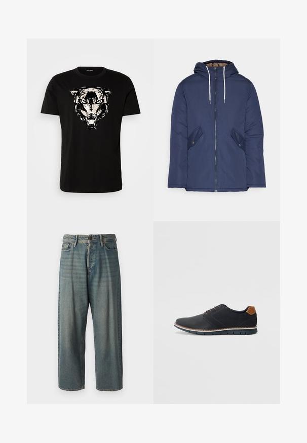 Navy blue padded jacket with a hood, featuring a front zipper, two side pockets with buttons, and white drawstrings.; Black cotton t-shirt featuring a graphic of a tiger's face in white and grey. Crew neck, short sleeves, and a straight hem.; Light blue denim jeans with a loose fit, mid-rise waist, and straight legs. Features five pockets, belt loops, and a button closure.; Black synthetic shoes with a textured upper, smooth accents, brown heel, and a contrasting sole. Features minimal lacing and stitch details.