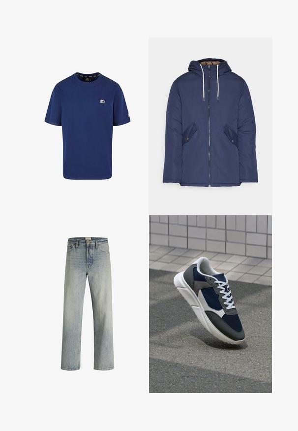Námorně modrá prošívaná bunda s kapucí, která má přední zip, dvě boční kapsy s knoflíky a bílé šňůrky.; Námořnická modrá tričko vyrobené z bavlny; krátké rukávy; kulatý výstřih; na levé straně hrudi má malé logo a akcent na rukávu.; Světlé modré džíny z denimu s rovnými nohavicemi, vysokým pasem a jemným odřením. Mají pět kapes a tradiční knoflíkový zip.; Tenisky s horní částí z námornicky modré síťoviny, šedými semišovými akcenty, bílou gumovou podrážkou a plochými bílými tkaničkami, navržené pro pohodlí a prodyšnost.