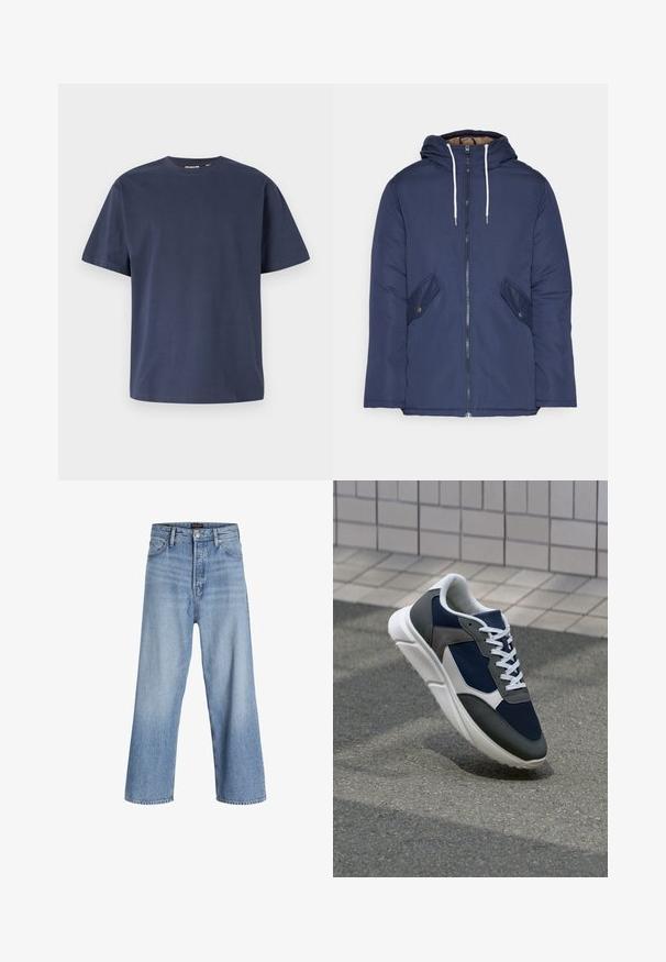 Jūras zila pufīgā jaka ar kapuci, kas aprīkota ar priekšējo rāvējslēdzēju, divām sānu kabatām ar pogām un baltiem aukliņām.; Tumši zils kokvilnas tīrts ar apaļu apkakli un īsām piedurknēm. Gluda tekstūra, taisna piegriezuma forma un minimāli šuves, nodrošinot klasisku dizainu.; Gaiši zili džinsu bikses ar platām kājām un augstu jostu, kas aprīkotas ar pogu aizdari, piecu kabatu dizainu un vieglu izbalējušu efektu. Tīra apdare.; Sporta apavi ar tumši zilas krāsas tīkla augšdaļu, pelēku zamšādas akcentiem, baltu gumijas zoli un plakaniem baltiem šņorēm, kas izstrādāti komfortam un elpojamībai.