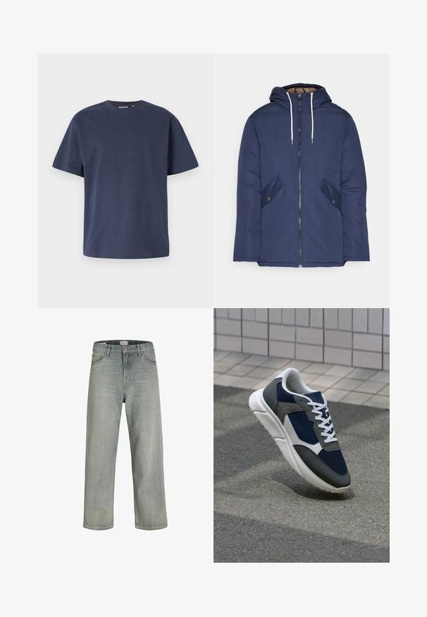 Sötétkék bélelt dzseki kapucnival, elülső cipzárral, két oldalsó zsebbel gombokkal és fehér húzózsinórokkal.; Sötétkék pamut póló kerek nyakkivágással és rövid ujjakkal. Simaság, egyenes szabás és minimális varrások jellemzik, ami klasszikus megjelenést biztosít.; Világosszürke, laza szabású farmernadrág. Klasszikus öt zsebes dizájn, övhurkok és egyenes szárú fazon jellemzi.; Cipő, amelynek sötétkék hálós felsőrésze, szürke velúr díszítései, fehér gumitalpa és lapos fehér fűzője van, a kényelem és a légáteresztő képesség érdekében tervezve.