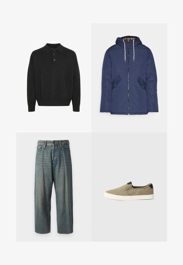 Námorně modrá prošívaná bunda s kapucí, která má přední zip, dvě boční kapsy s knoflíky a bílé šňůrky.; Solid SDNAHIM - Top s dlouhým rukávem - true black; Světle modré denimové džíny s volným střihem, středně vysokým pasem a rovnými nohavicemi. Obsahují pět kapes, poutka na opasek a zapínání na knoflík.; Taupe nazouvací boty s texturovaným textilním svrškem, kontrastním černým podpatkem a bílou gumovou podrážkou. Prodyšný perforovaný design.