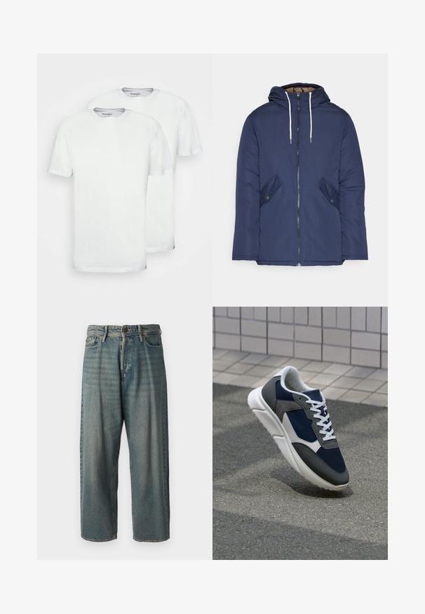 Námorně modrá prošívaná bunda s kapucí, která má přední zip, dvě boční kapsy s knoflíky a bílé šňůrky.; Dvě bílé bavlněné trička s krátkým rukávem a kulatým výstřihem. Mají hladkou texturu a žádné viditelné vzory nebo designy.; Světle modré denimové džíny s volným střihem, středně vysokým pasem a rovnými nohavicemi. Obsahují pět kapes, poutka na opasek a zapínání na knoflík.; Tenisky s horní částí z námornicky modré síťoviny, šedými semišovými akcenty, bílou gumovou podrážkou a plochými bílými tkaničkami, navržené pro pohodlí a prodyšnost.