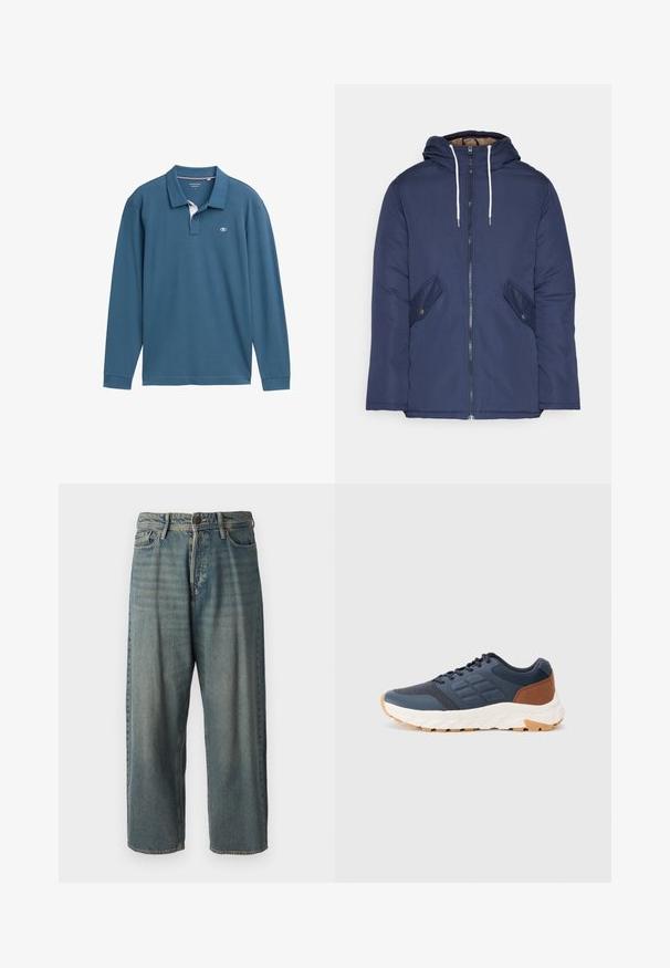 Tumesinine vahtkatseline jakk, millel on kapuuts, esilukk, kaks küljetaskut nupuga ja valged tõmblukud.; Pikatoode, pikkade varrukatega, polosärgi stiilis, teal värvi puuvillast särk, millel on valge kaelus, kolm nuppu ja väike logo rinnal.; Heledad sinine denim-stiilis teksad, volüümse lõike, keskmise kõrgusega talje ja sirgete säärega. Omab viit taskut, vöökumme ja nööpide sulgemist.; Tumedat sinised spordijalatsid pruuni kontsaga aksendiga, tekstureeritud võrgupinna, pehmendatud krae ja valge kummitald, millel on mustriline tallapind.