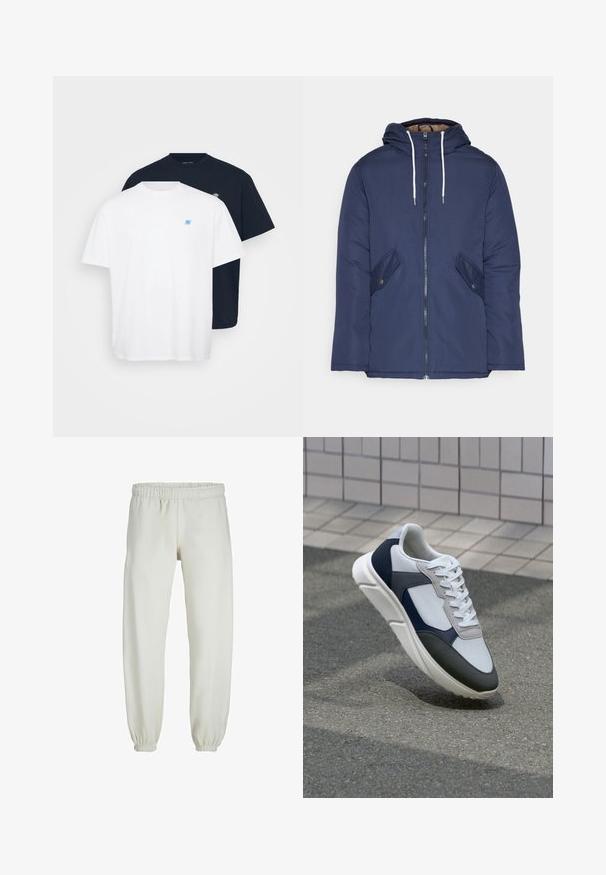 Sötétkék bélelt dzseki kapucnival, elülső cipzárral, két oldalsó zsebbel gombokkal és fehér húzózsinórokkal.; Két póló: az egyik fehér, kis kék logóval, a másik tengerészkék, azzal összhangban lévő logóval. Mindkettő pamutból készült, környakú és rövid ujjú.; Fehér melegítőnadrág, puha anyagból készült, rugalmas derékrésszel és mandzsettával, sima tapintású és laza szabású.; Fehér, tengerészkék és szürke sneaker vegyes anyagokból készült dizájnnal, amely textúrázott felsőrésszel, lapos fűzőkkel és párnázott talppal rendelkezik.