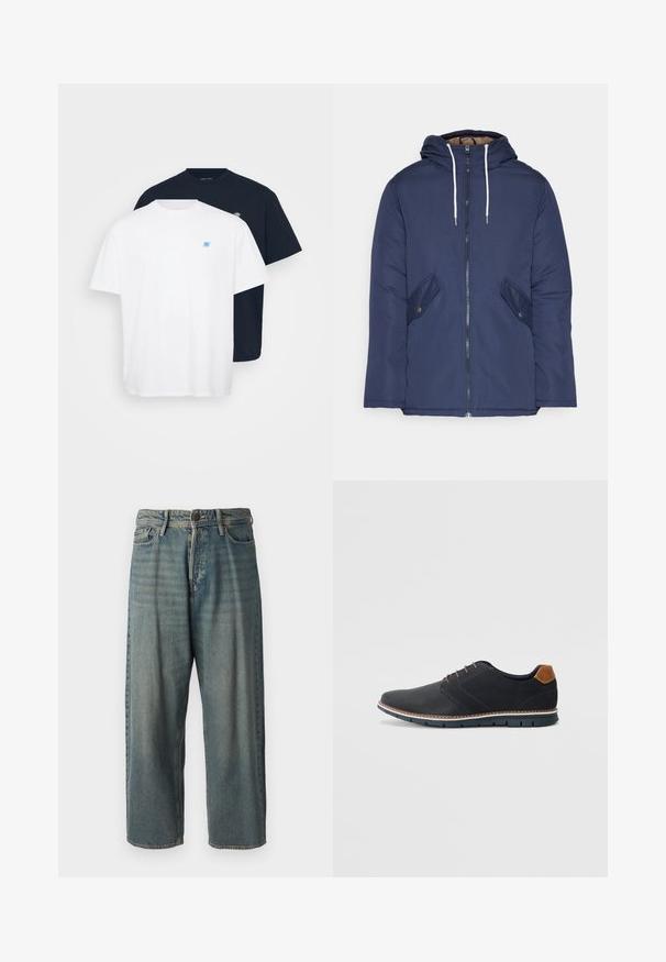 Marineblå polstret jakke med hette, med glidelås foran, to sidelommer med knapper og hvite snorer.; To t-skjorter: en hvit med en liten blå logo, en marineblå med en matchende logo. Begge er i bomull, med crew neck og korte ermer.; Lyseblå denimjeans med løs passform, midjehøyde og rette ben. Har fem lommer, beltehemper og knappelukking.; Sorte syntetiske sko med en teksturert overdel, glatte detaljer, brun hæl og en kontrastfarge på sålen. Har minimalt snøring og sømdetaljer.