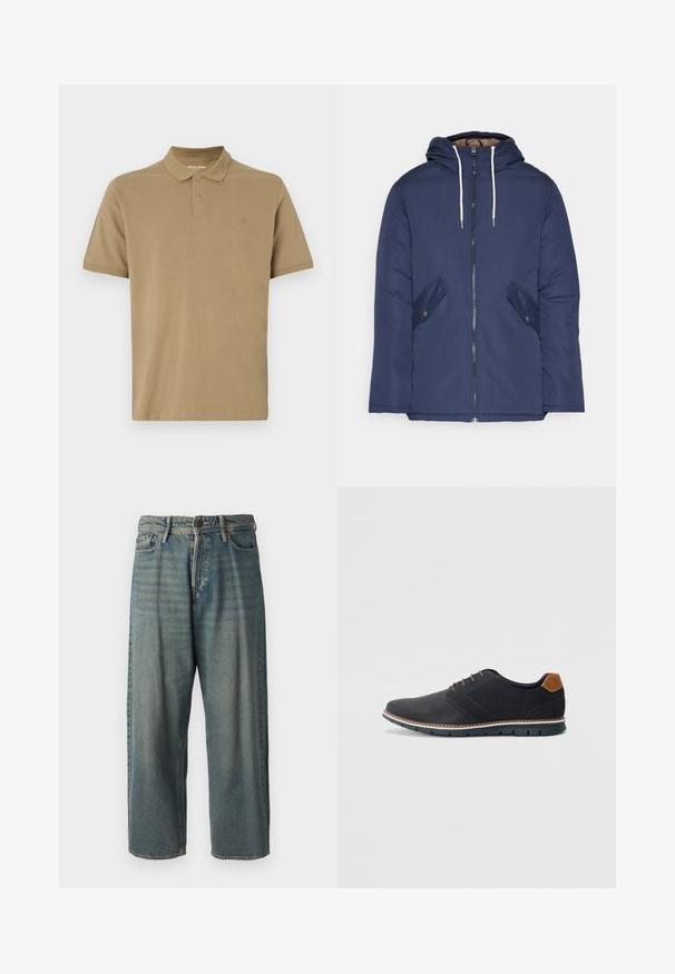 Marineblau gepadded Jacke mit Kapuze, ausgestattet mit einem Reißverschluss vorne, zwei seitlichen Taschen mit Knöpfen und weißen Kordeln.; Khakifarbenes Poloshirt aus Baumwolle mit Kragen, Zwei-Knopf-Leiste, kurzen Ärmeln und kleinem Logo auf der Brust. Angenehme, glatte Textur.; Helle blaue Denim-Jeans mit lockerer Passform, mittelhoher Taille und geraden Beinen. Hat fünf Taschen, Gürtelschlaufen und einen Knopfverschluss.; Schwarze synthetische Schuhe mit einer strukturierten Oberseite, glatten Akzenten, braunem Absatz und einer kontrastierenden Sohle. Verfügt über minimale Schnürung und Nähdetails.