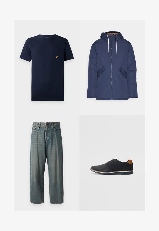 Jūrinė mėlyna pūkinė striukė su kapišonu, turinti priekinį užtrauktuką, dvi šonines kišenes su sagomis ir baltus raiščius.; Tamsiai mėlyna medvilninė marškinėliai trumpomis rankovėmis, apvaliu iškirpimu ir krūtinės kišene, kurią puošia mažas geltonas paukščio logotipas.; Šviesiai mėlyni džinsai su laisvu siluetu, vidutinio aukščio juosmeniu ir tiesiomis kojomis. Su penkiais kišenėmis, diržo kilpo ir mygtukų uždarymu.; Juodi sintetiniai batai su tekstūruotu paviršiumi, lygiomis detalėmis, ruda kulna ir kontrastingu padu. Yra minimalus raištelių užsidėjimas ir siuvimo detalės.