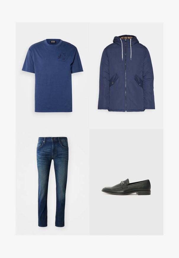 Navy blue padded jacket with a hood, featuring a front zipper, two side pockets with buttons, and white drawstrings.; Navy blue cotton t-shirt with a relaxed fit, featuring a graphic print on the left chest area and short sleeves. Simple crew neckline.; Dark blue denim jeans with a slim fit, featuring five pockets, a front button closure, and a subtle faded texture on the legs.; Black leather loafer with a smooth finish, featuring a stitched design and a decorative metal chain accent across the vamp. Flat heel.
