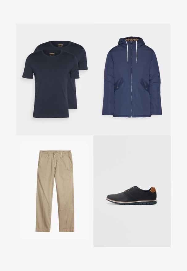 Jūrinė mėlyna pūkinė striukė su kapišonu, turinti priekinį užtrauktuką, dvi šonines kišenes su sagomis ir baltus raiščius.; Esprit 2 PACK - Paprasti marškinėliai - navy; Bežiniai tiesaus kirpimo chinos kelnės su diržo kilputėmis, priekyje esančia mygtuko ir užtrauktuko uždarymo sistema, bei šoninėmis kišenėmis.; Juodi sintetiniai batai su tekstūruotu paviršiumi, lygiomis detalėmis, ruda kulna ir kontrastingu padu. Yra minimalus raištelių užsidėjimas ir siuvimo detalės.