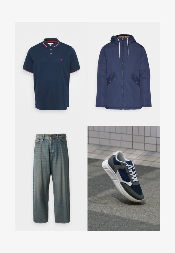 Námorně modrá prošívaná bunda s kapucí, která má přední zip, dvě boční kapsy s knoflíky a bílé šňůrky.; Námořnická modrá polo triko vyrobené z bavlny, s tříknoflíkovou légou, límcem s červenými a bílými pruhy a malým červeným logem na hrudi.; Světle modré denimové džíny s volným střihem, středně vysokým pasem a rovnými nohavicemi. Obsahují pět kapes, poutka na opasek a zapínání na knoflík.; Tenisky s horní částí z námornicky modré síťoviny, šedými semišovými akcenty, bílou gumovou podrážkou a plochými bílými tkaničkami, navržené pro pohodlí a prodyšnost.