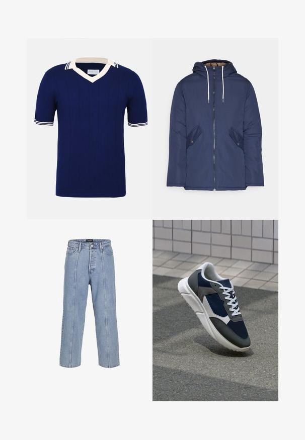 Marineblauwe gewatteerde jas met een capuchon, voorzien van een rits aan de voorkant, twee zijzakken met knopen en witte trekkoorden.; Marineblauwe gebreide rugby shirt met een V-hals en korte mouwen. Heeft een witte kraag en streepaccenten op de mouwen, met verticale ribbelstructuur.; Lichtblauwe denim jeans met een losse pasvorm, wijde benen en zichtbare stiksels. Voorzien van een knoop- en ritsluiting, vijf zakken.; Sneaker met een marineblauwe mesh bovenwerk, grijze suède accenten, witte rubberen zool en platte witte veters, ontworpen voor comfort en ademend vermogen.