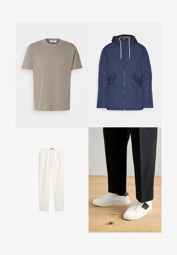 Granatowa pikowana kurtka z kapturem, z zamkiem z przodu, dwoma bocznymi kieszeniami z guzikami oraz białymi sznurkami.; Beżowa bawełniana koszulka z okrągłym dekoltem, krótkimi rękawami i subtelnym logo marki nadrukowanym na piersi. Gładka tekstura, swobodny krój.; Białe lniane spodnie o luźnym kroju, z elastycznym paskiem, bocznymi kieszeniami oraz gładką, lekką teksturą.; Białe trampki o gładkiej fakturze, z brązowymi skórzanymi akcentami i czarnymi detalami, zestawione z czarnymi eleganckimi spodniami. Tło stanowi drewniana podłoga.